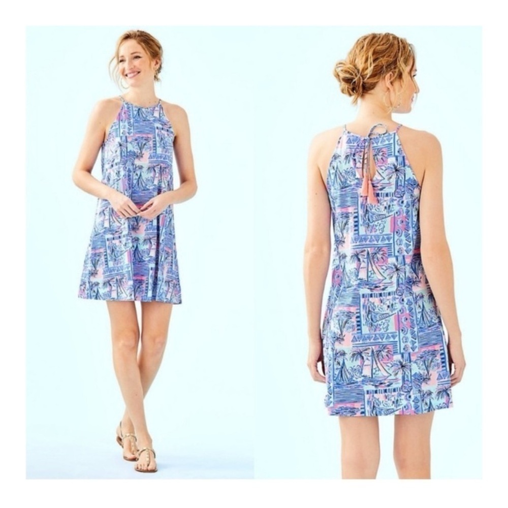 Lilly Pulitzer Margot Yeah Buoy Whisper Blue Tropical Novelty Print Halter Dress